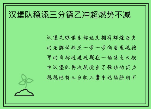 汉堡队稳添三分德乙冲超燃势不减