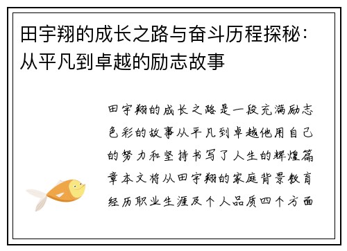 田宇翔的成长之路与奋斗历程探秘：从平凡到卓越的励志故事